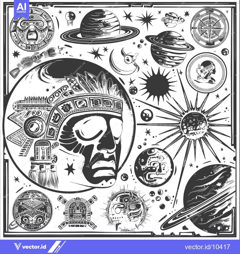 Premium Vector dari A Black and White Illustration of Space with Mayan-Inspired Motifs