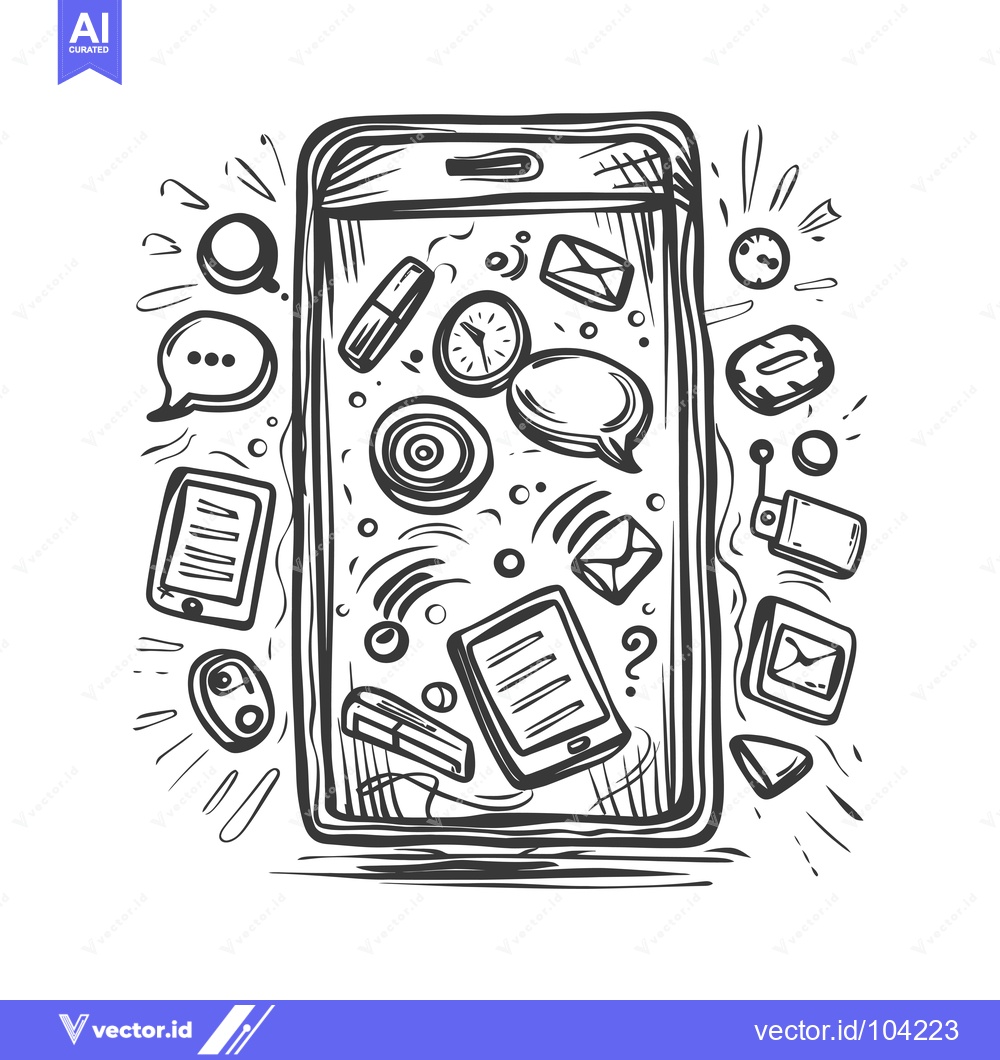 Premium Vector dari Smartphone Overloaded with Hand-Drawn Digital Communication Icons