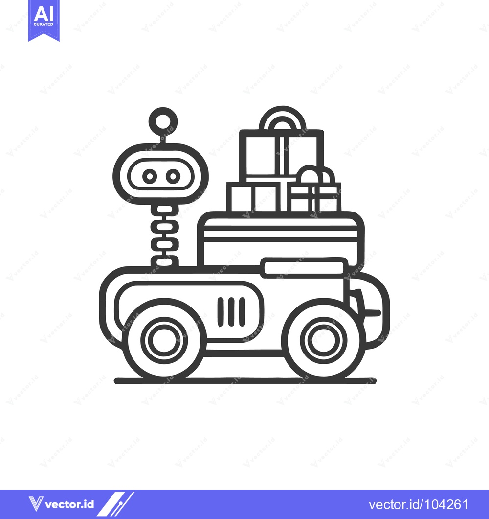Premium Vector dari Minimalist Robot Delivery Vehicle with Stacked Gifts, Line Art Illustr