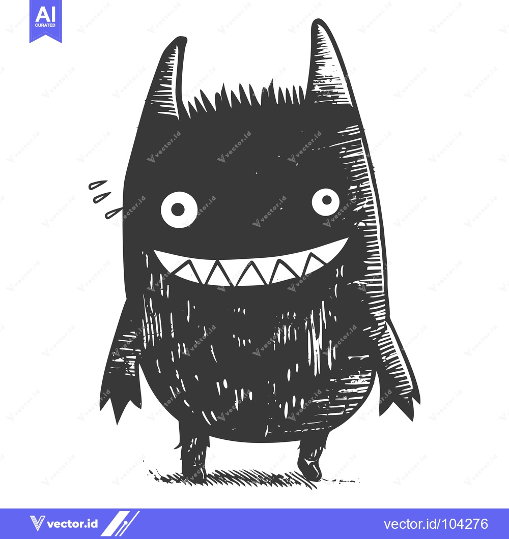 Premium Vector of Smiling, Black, Furry, Cartoon Monster with Sharp Teeth and Big Eyes