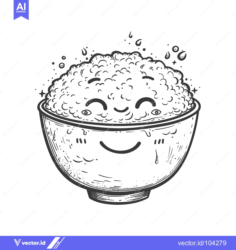 Premium Vector dari Smiling Bowl of Rice with Droplets of Water