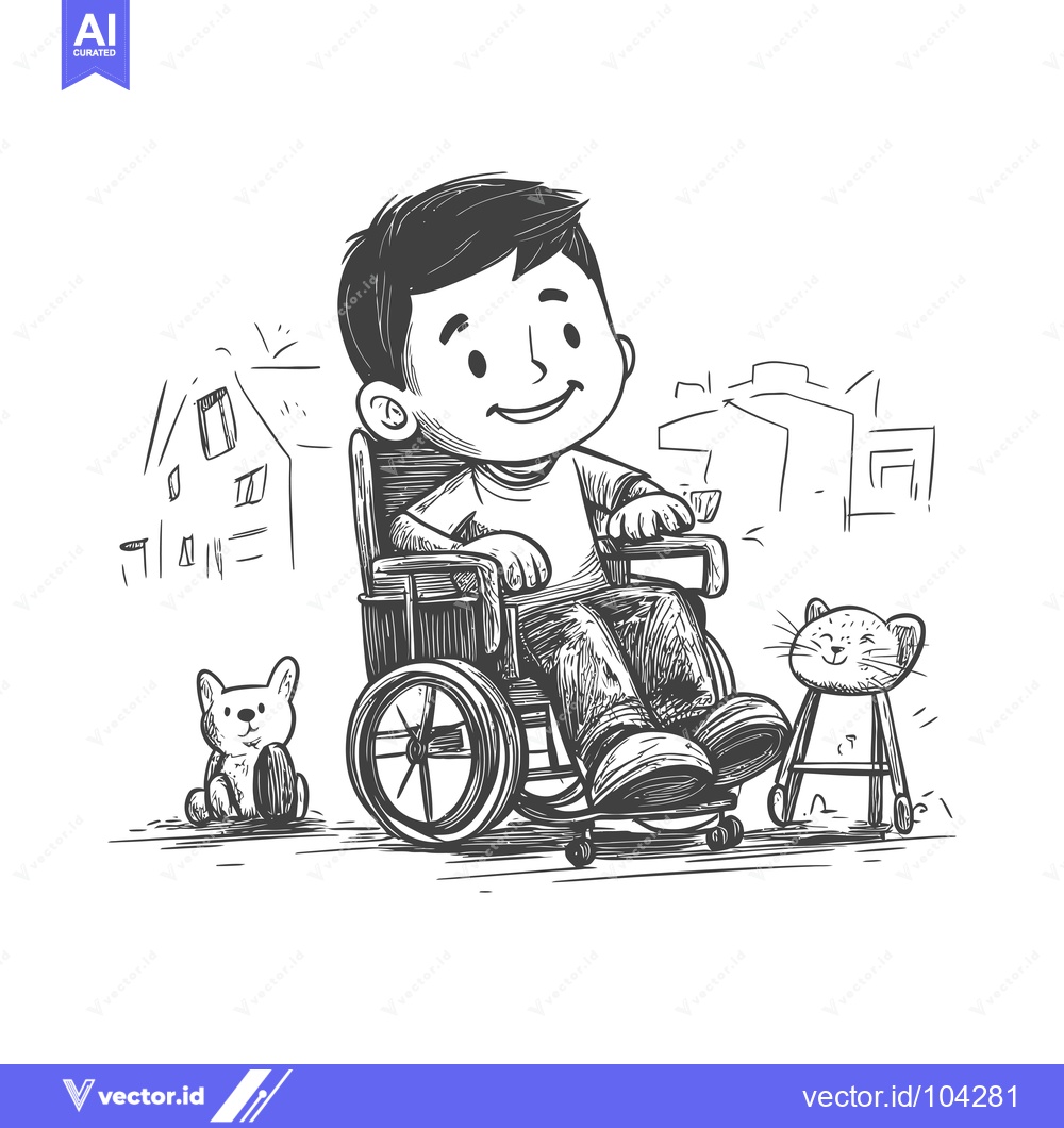 Premium Vector dari Smiling Boy in Wheelchair with Toy Cats