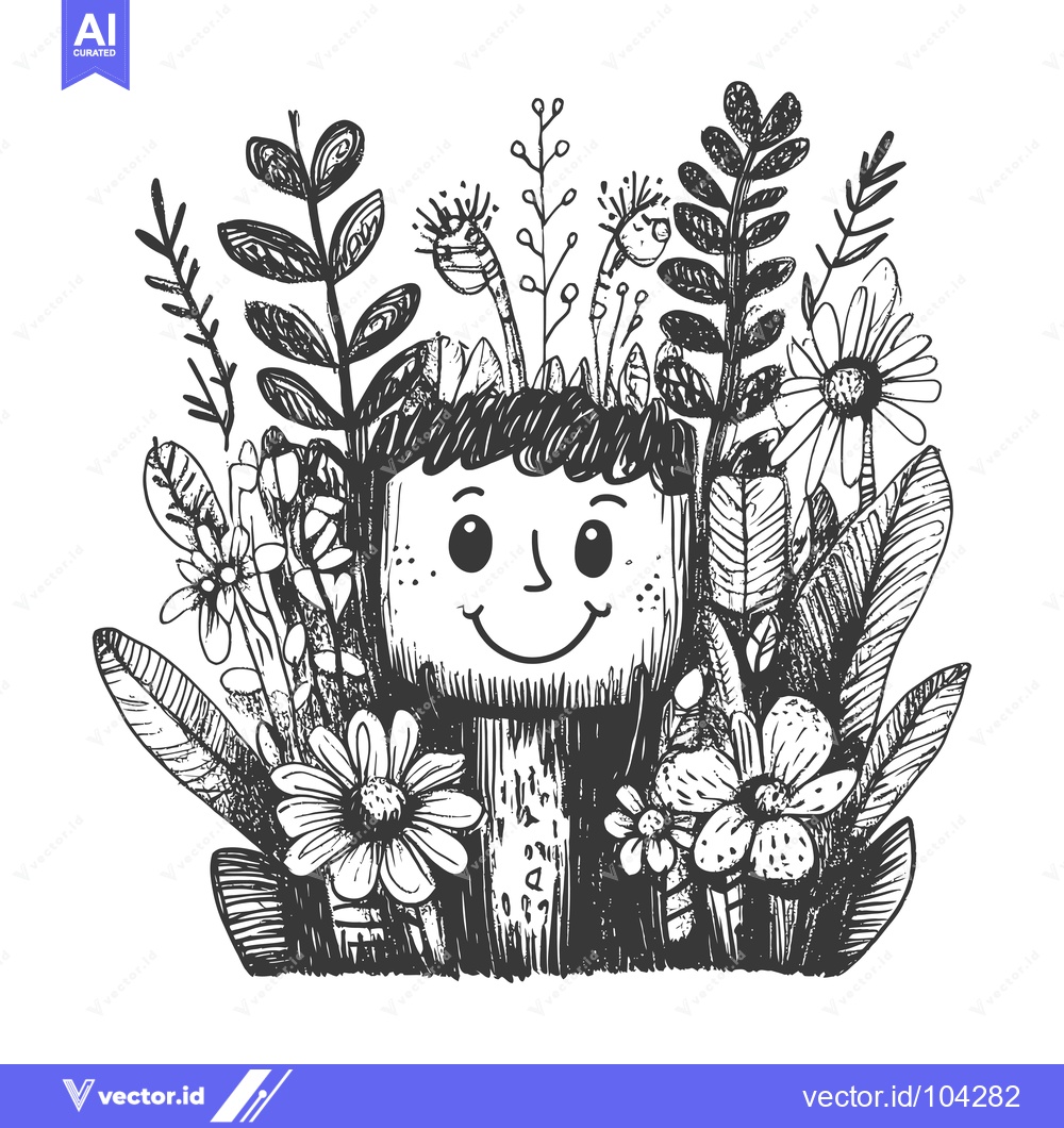 Premium Vector dari Smiling Boy's Face Surrounded by Black and White Flowers and Leaves