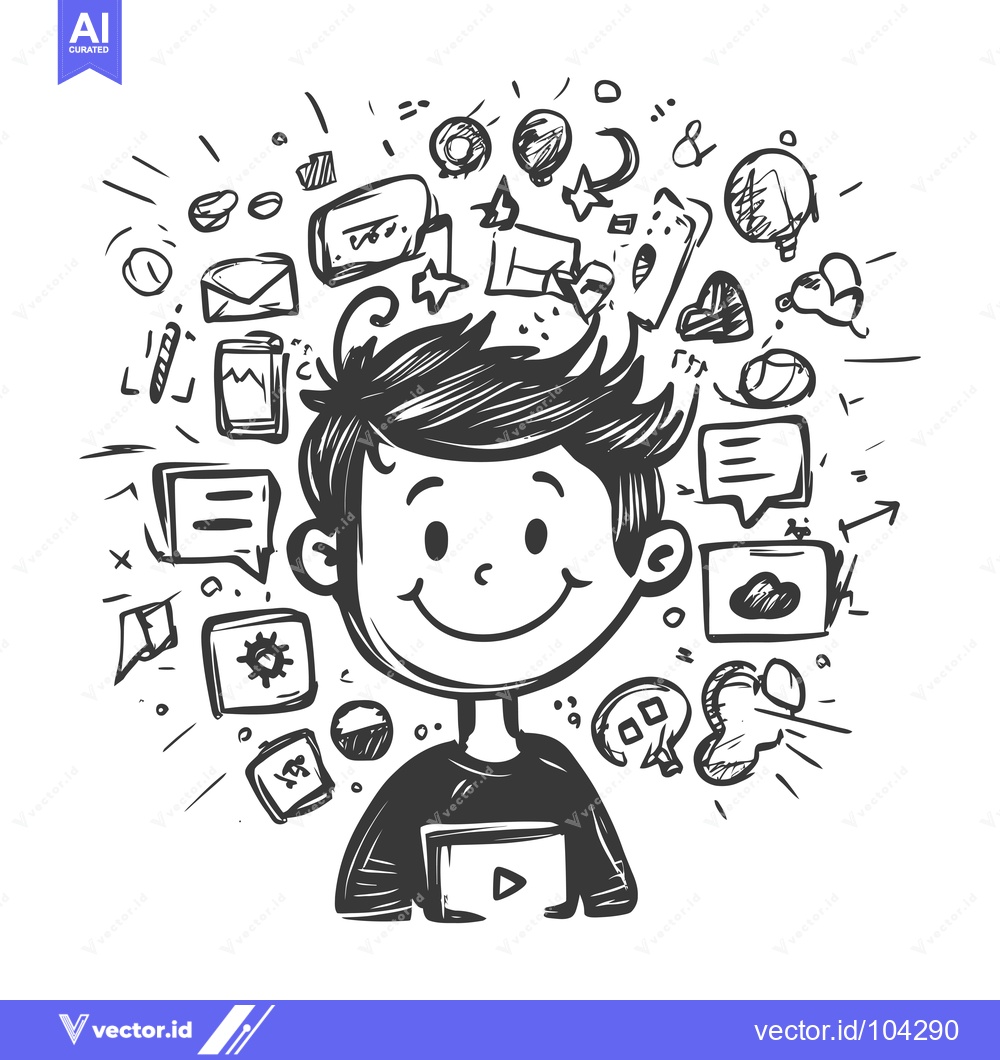Premium Vector dari Smiling Cartoon Character Surrounded by Doodle Symbols Representing Id