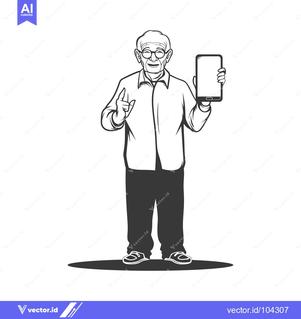 Premium Vector of Smiling Elderly Man Holding Smartphone and Pointing Upward