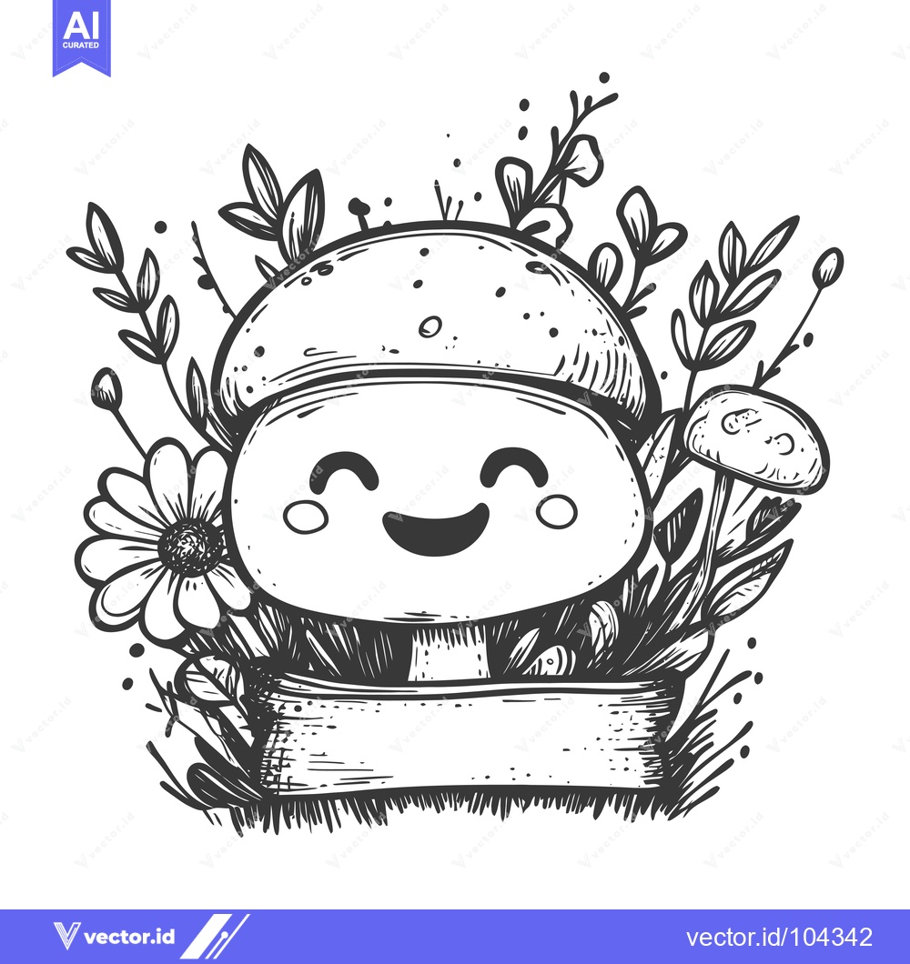 Premium Vector of Smiling Mushroom with Blank Banner Surrounded by Flowers and Grass