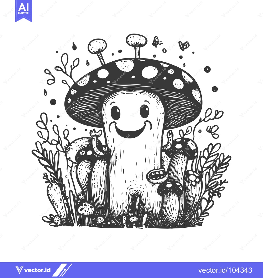 Premium Vector of Smiling Mushroom with Spotted Cap in a Forest of Mushrooms and Foliage