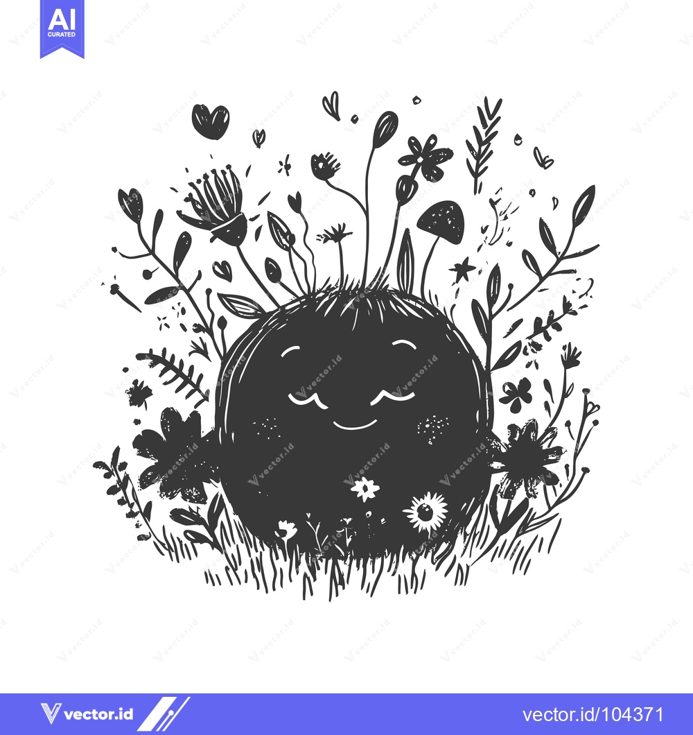 Premium Vector dari Smiling Round Character Surrounded by Black and White Flowers and Leav