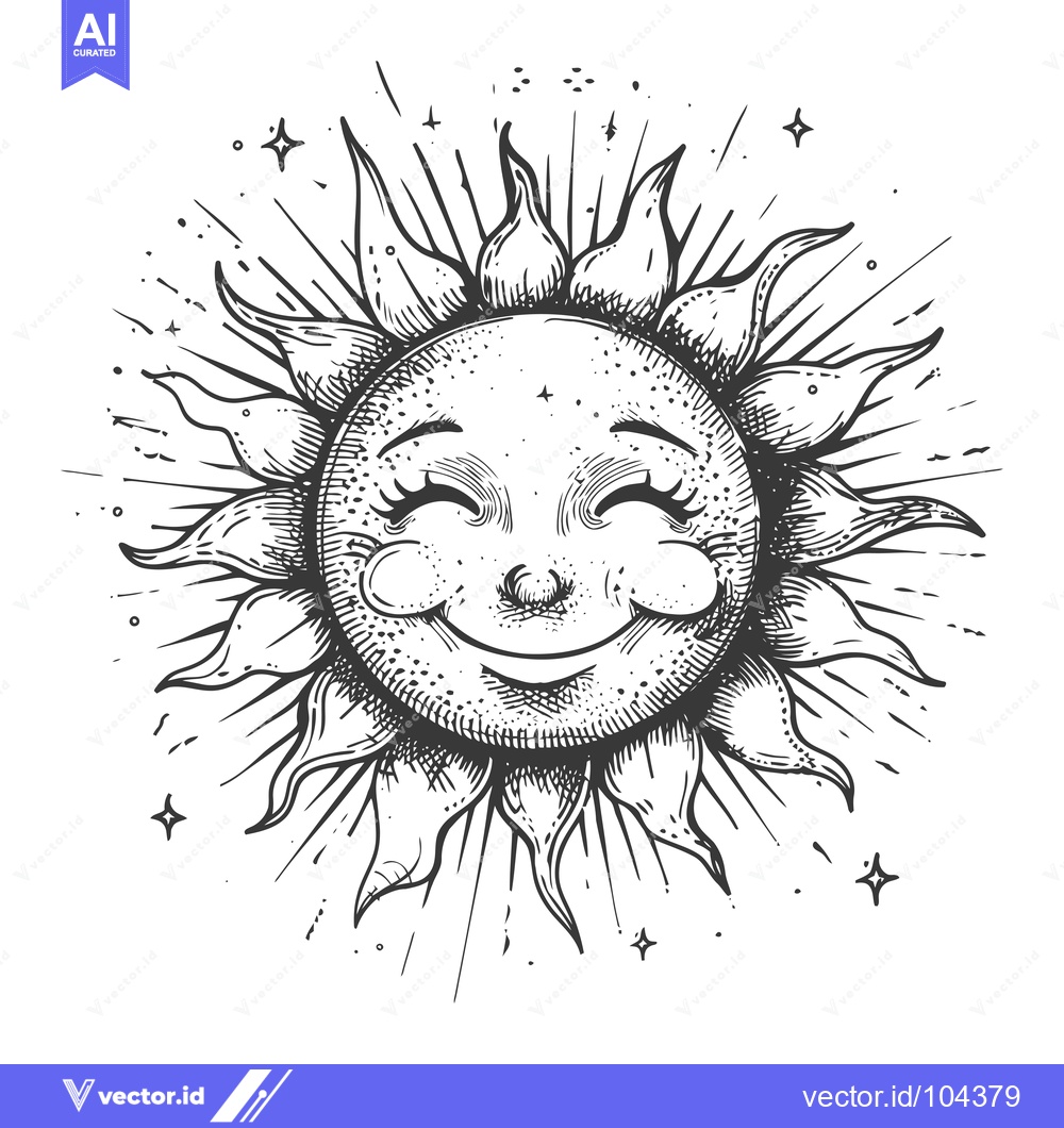 Premium Vector dari Smiling Sun with Closed Eyes and Rays Surrounded by Stars