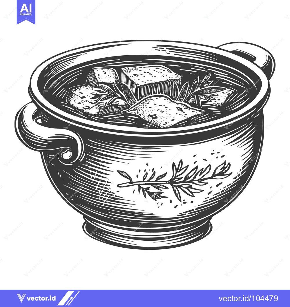 Premium Vector dari A Detailed Engraved Illustration of a Bowl Containing Food and Herbs