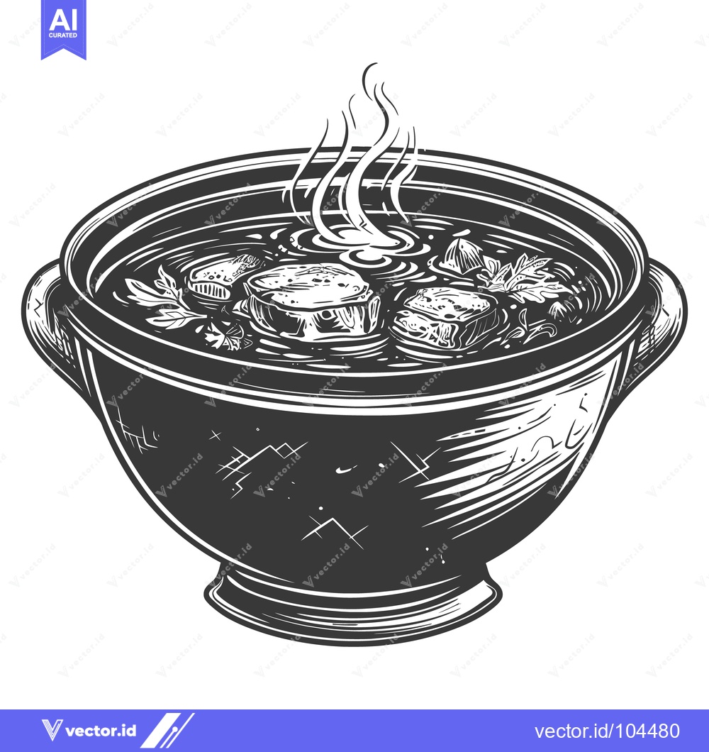 Premium Vector dari A delicious hot soup with pieces of food in a pot
