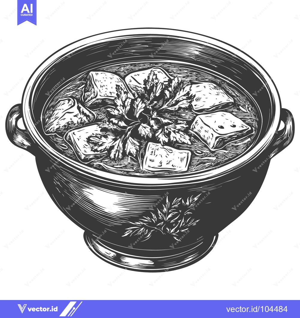 Premium Vector dari A Bowl Filled With Soup Containing Meat And Herbs