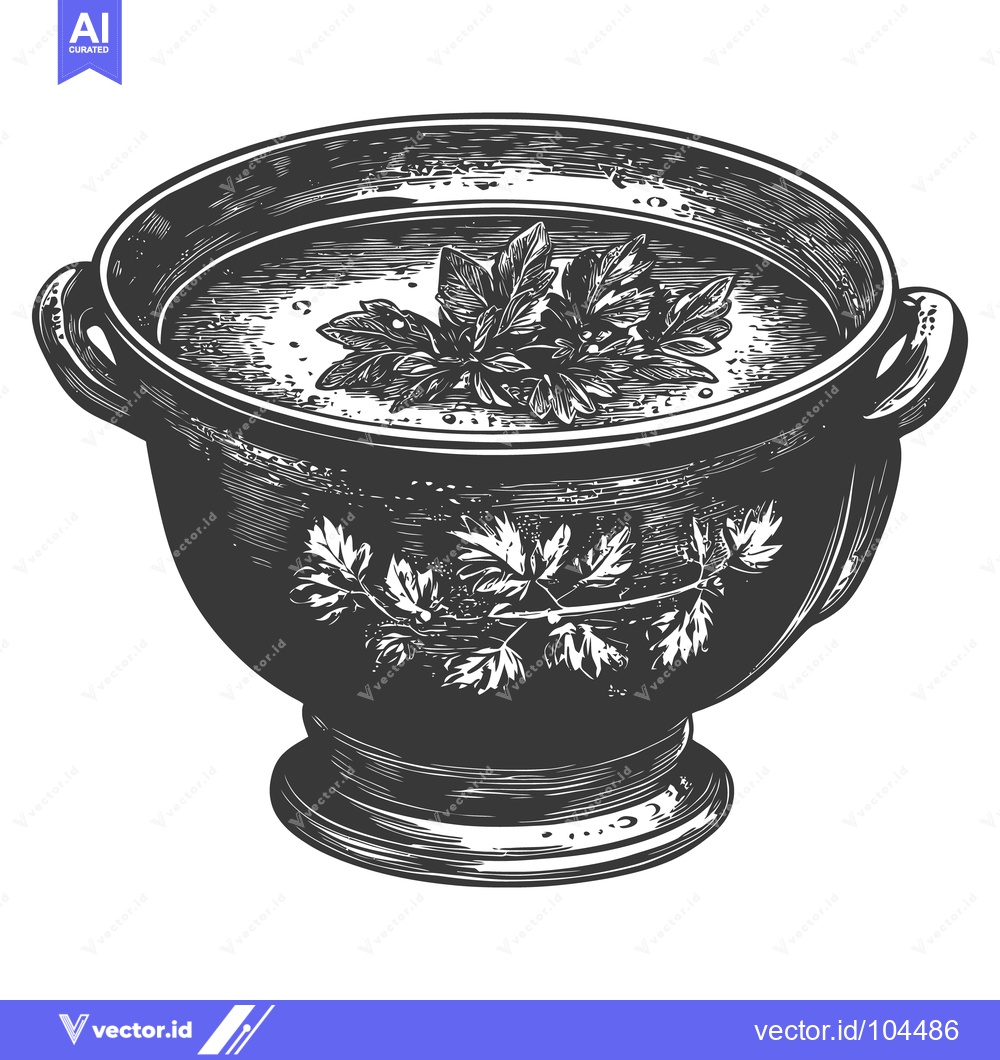 Premium Vector dari A vintage illustration depicts soup served in a decorative bowl