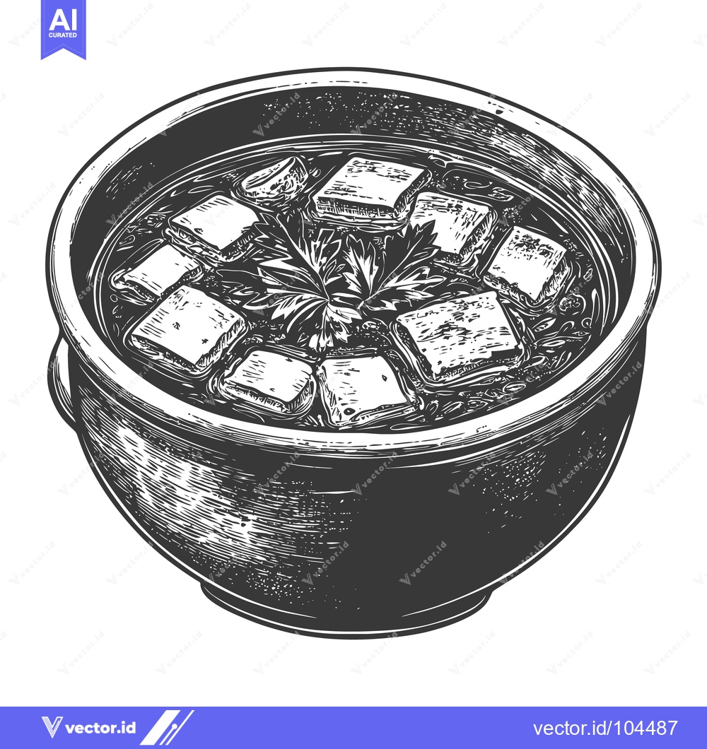Premium Vector of A bowl of soup with tofu and herbs ready to eat