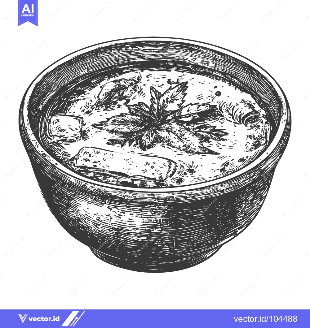 Premium Vector of A vintage detailed illustration of a bowl of soup with garnish