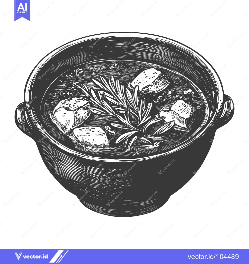 Premium Vector of A bowl of stew garnished with rosemary in an etching style