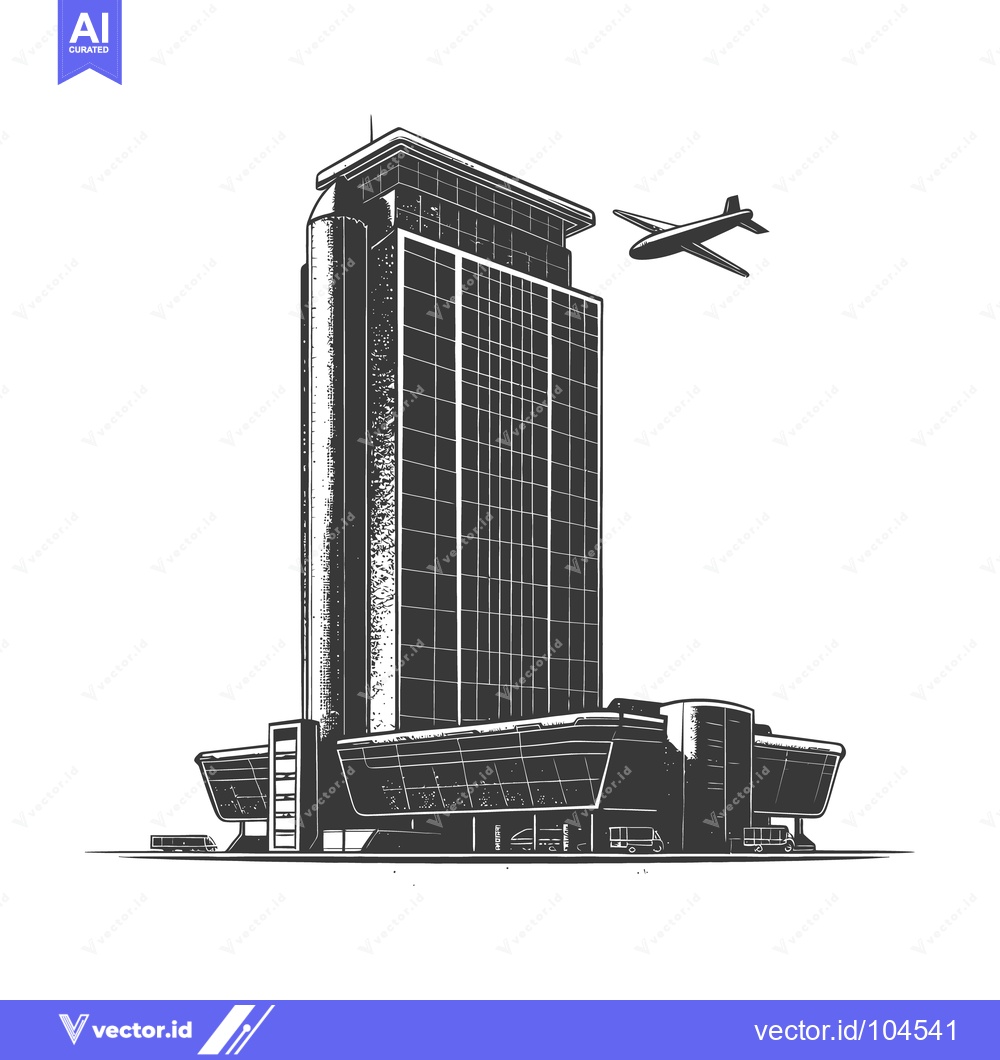 Premium Vector of An illustration depicts a tall modern building and a flying airplane