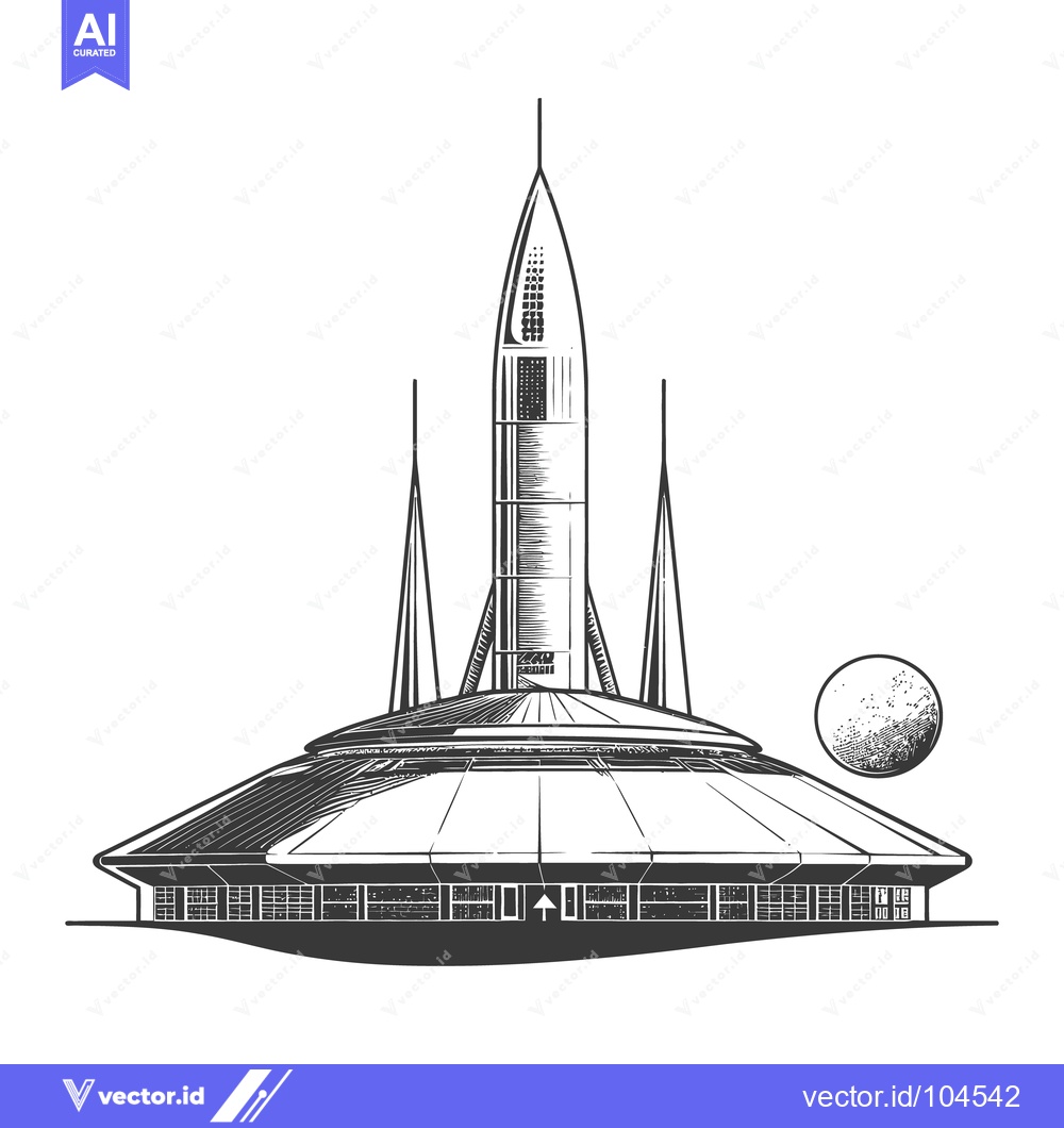 Premium Vector dari A futuristic structure with a rocket and planet illustration