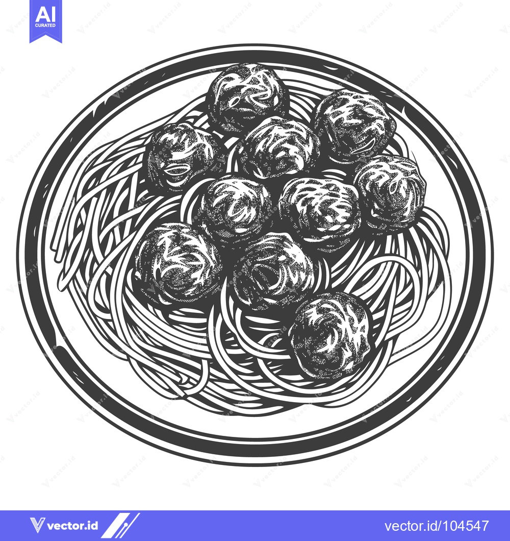 Premium Vector dari A monochrome drawing of spaghetti and meatballs on a plate