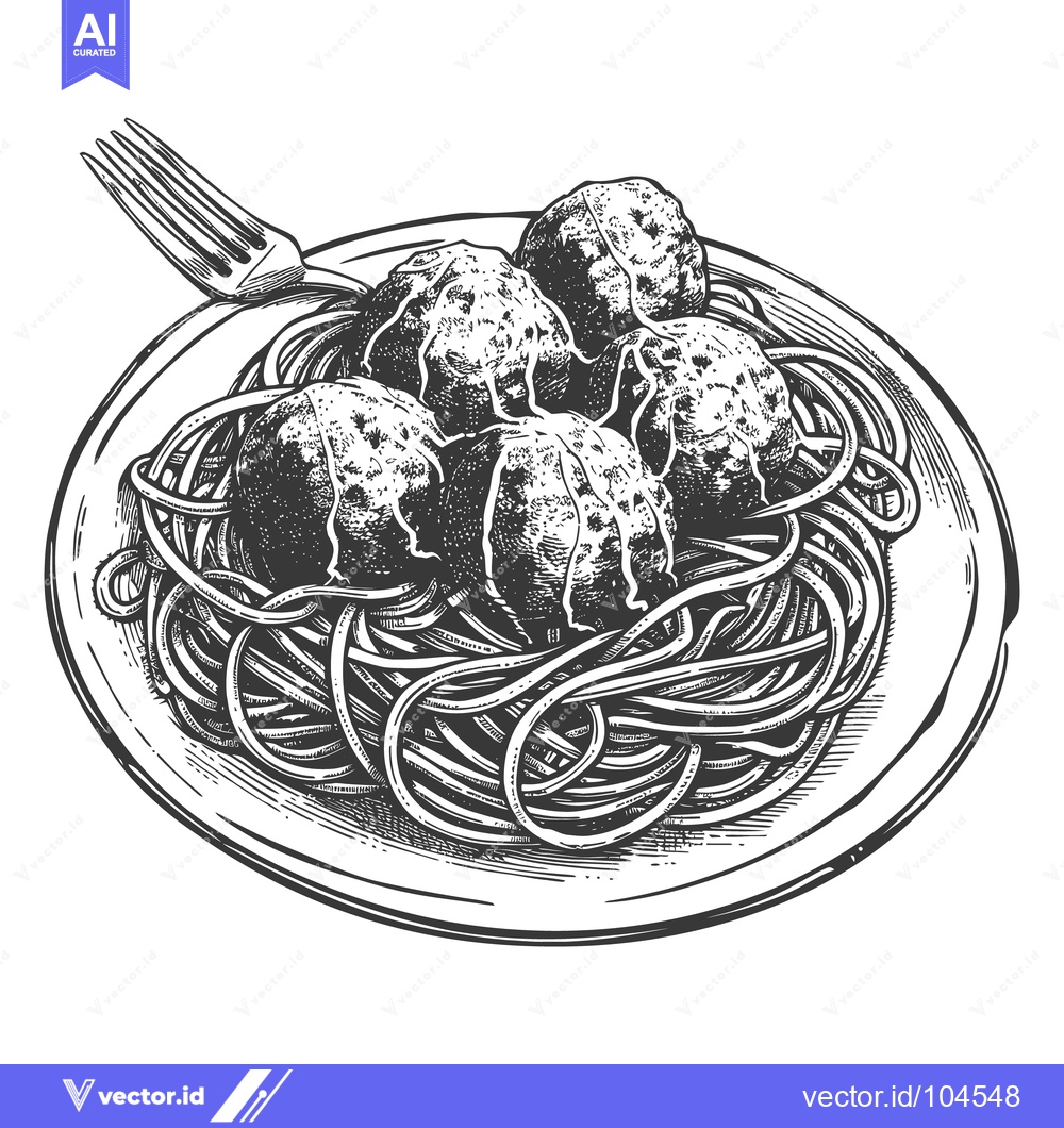 Premium Vector of Detailed black and white image of pasta with meatballs on plate