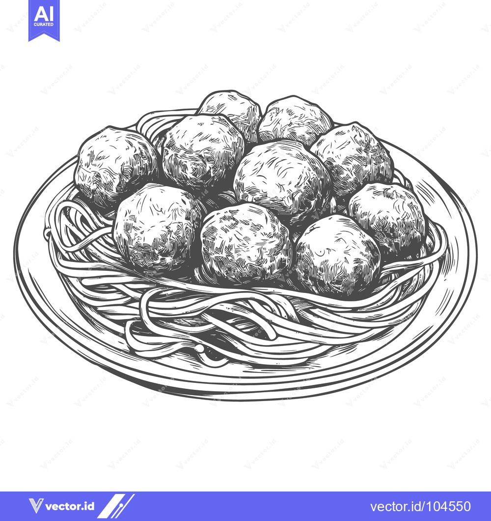 Premium Vector dari A detailed black and white illustration depicts meatballs with pasta
