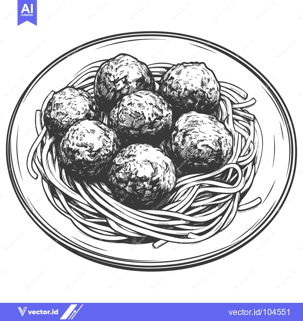 Premium Vector dari A monochrome illustration of meatballs and spaghetti on a plate