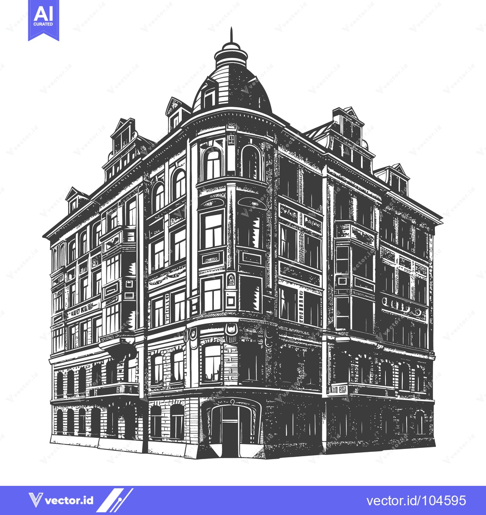 Premium Vector dari Detailed monochrome illustration of an ornate corner building facade