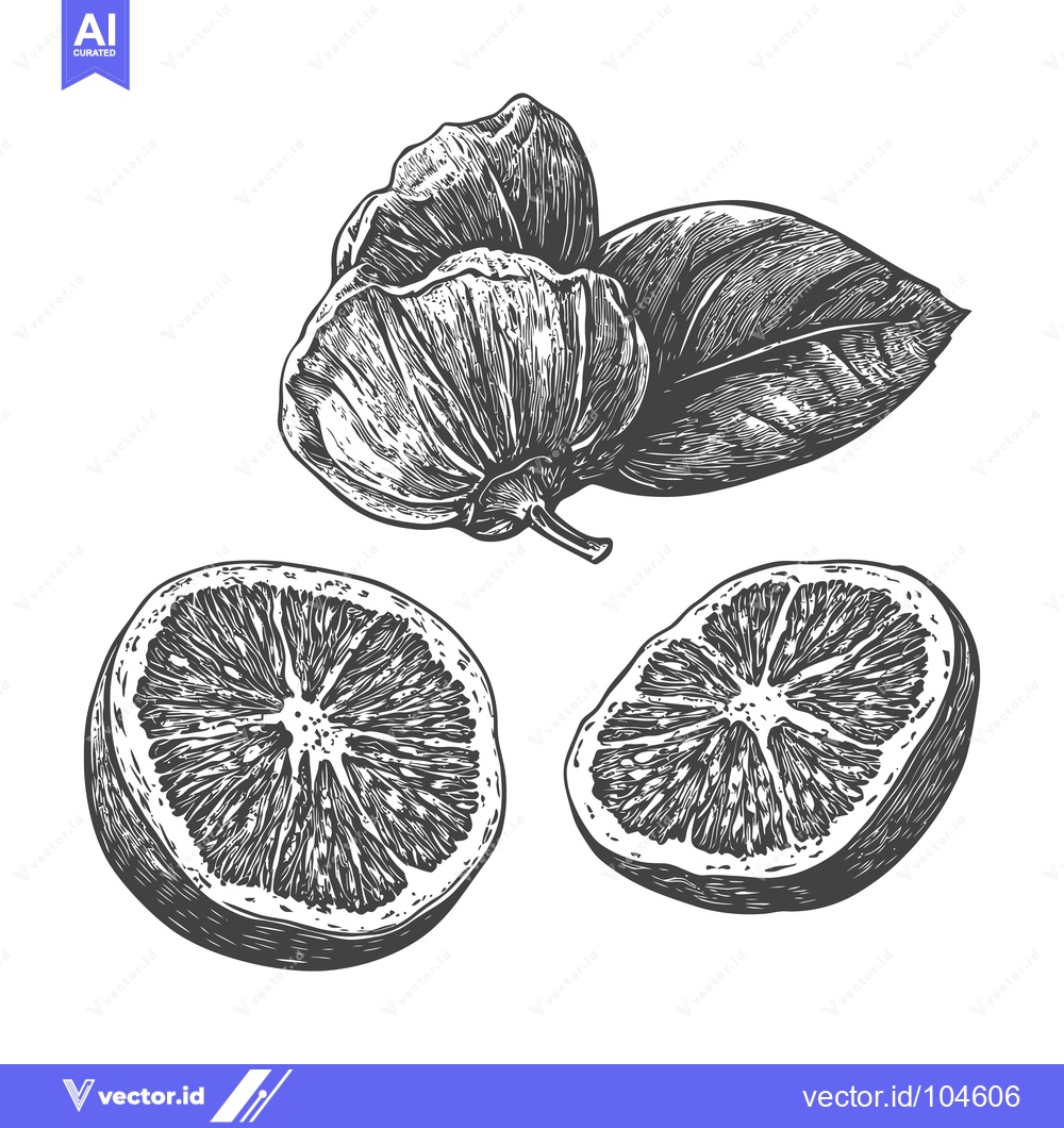 Premium Vector of Hand drawn illustration depicting cut citrus fruit and plant matter