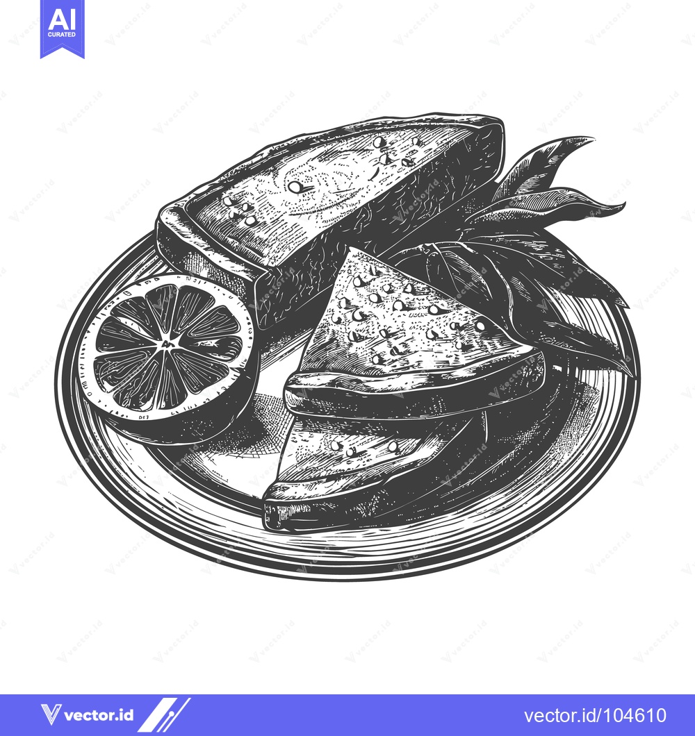 Premium Vector of A detailed engraved plate of sliced fruit and pastries