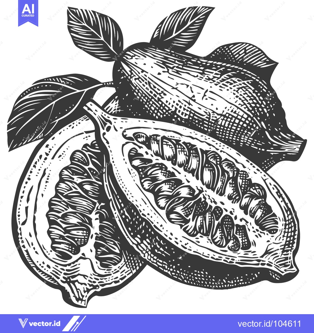 Premium Vector of Botanical illustration of cocoa pods with leaves displayed in detail