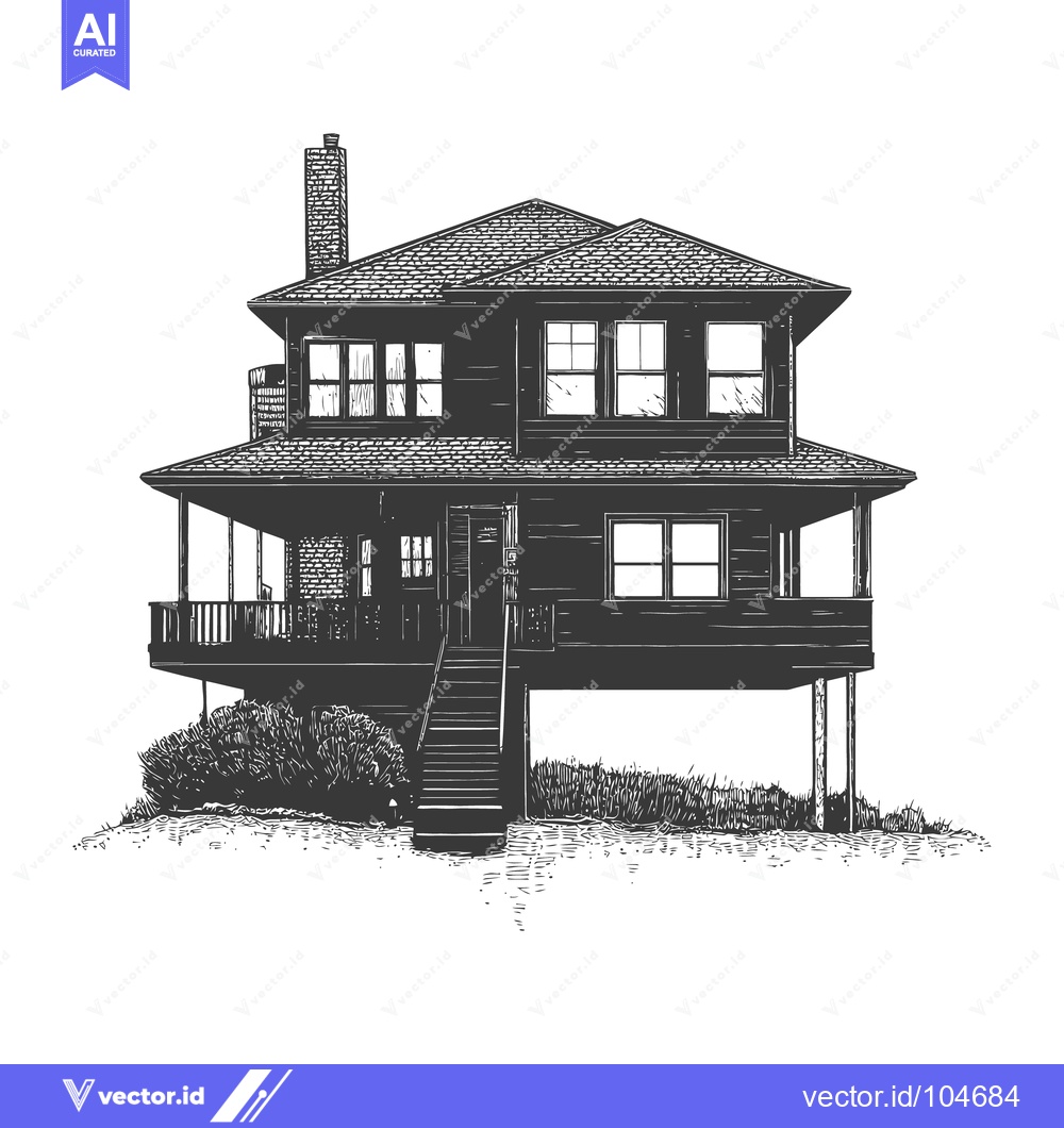 Premium Vector of A detailed black and white illustration depicts a two story house