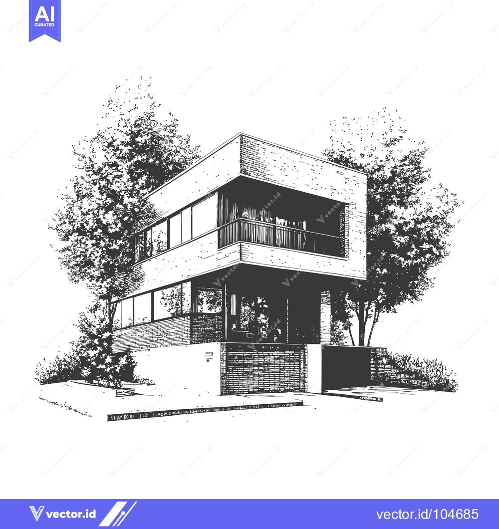 Premium Vector dari Black and white illustration depicting a modern style house with trees