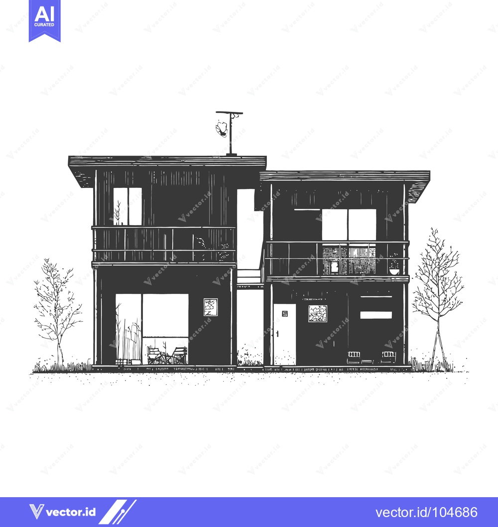 Premium Vector of A modern two story house with outdoor balconies and detailed lines