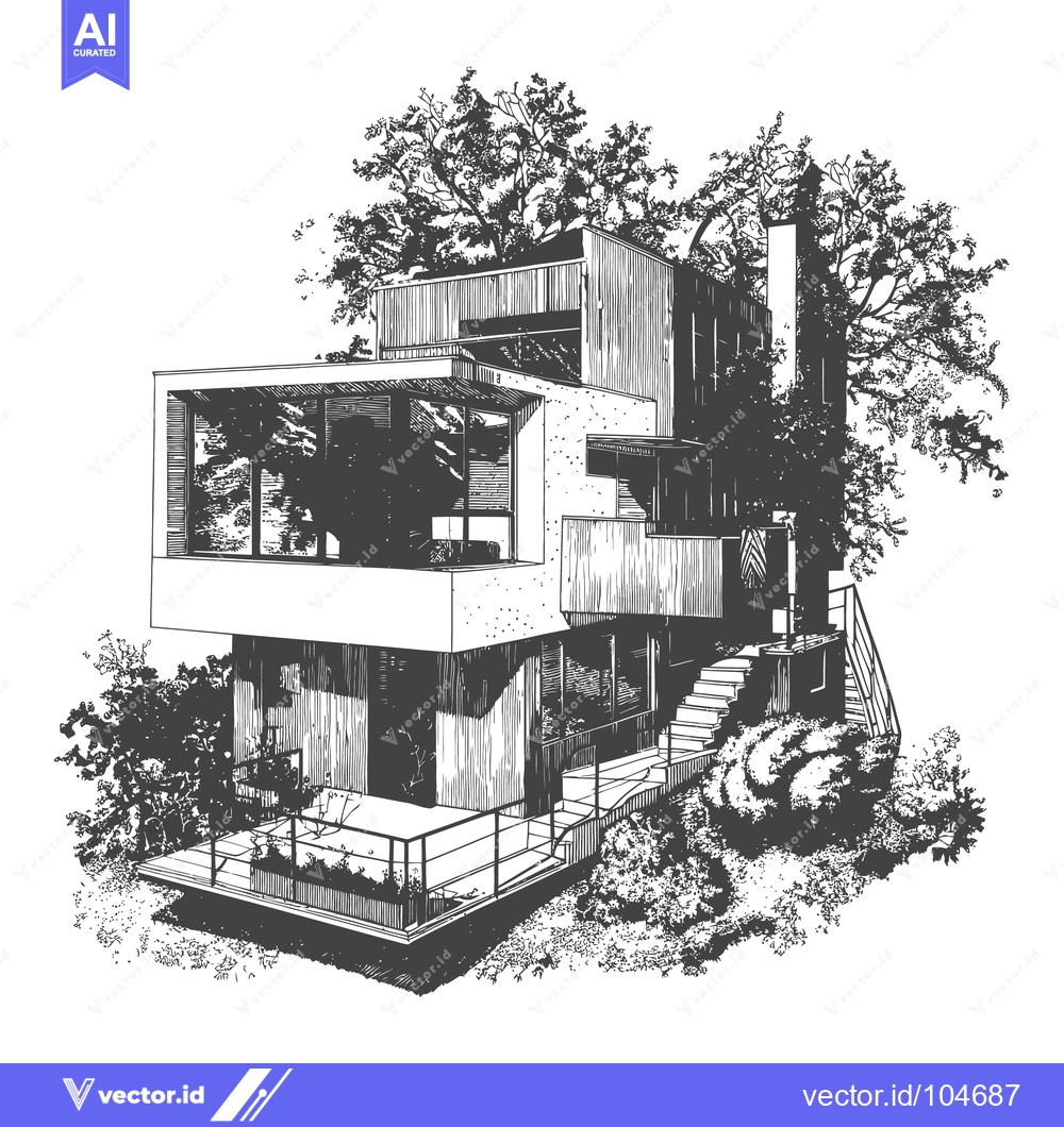 Premium Vector of Architectural line drawing of a modern house surrounded by trees