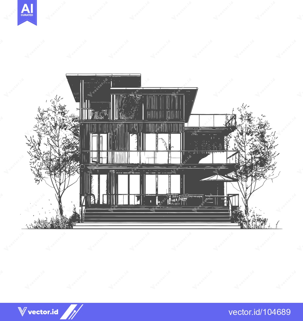 Premium Vector dari A Modern Three Story House Design With Trees Surrounding It