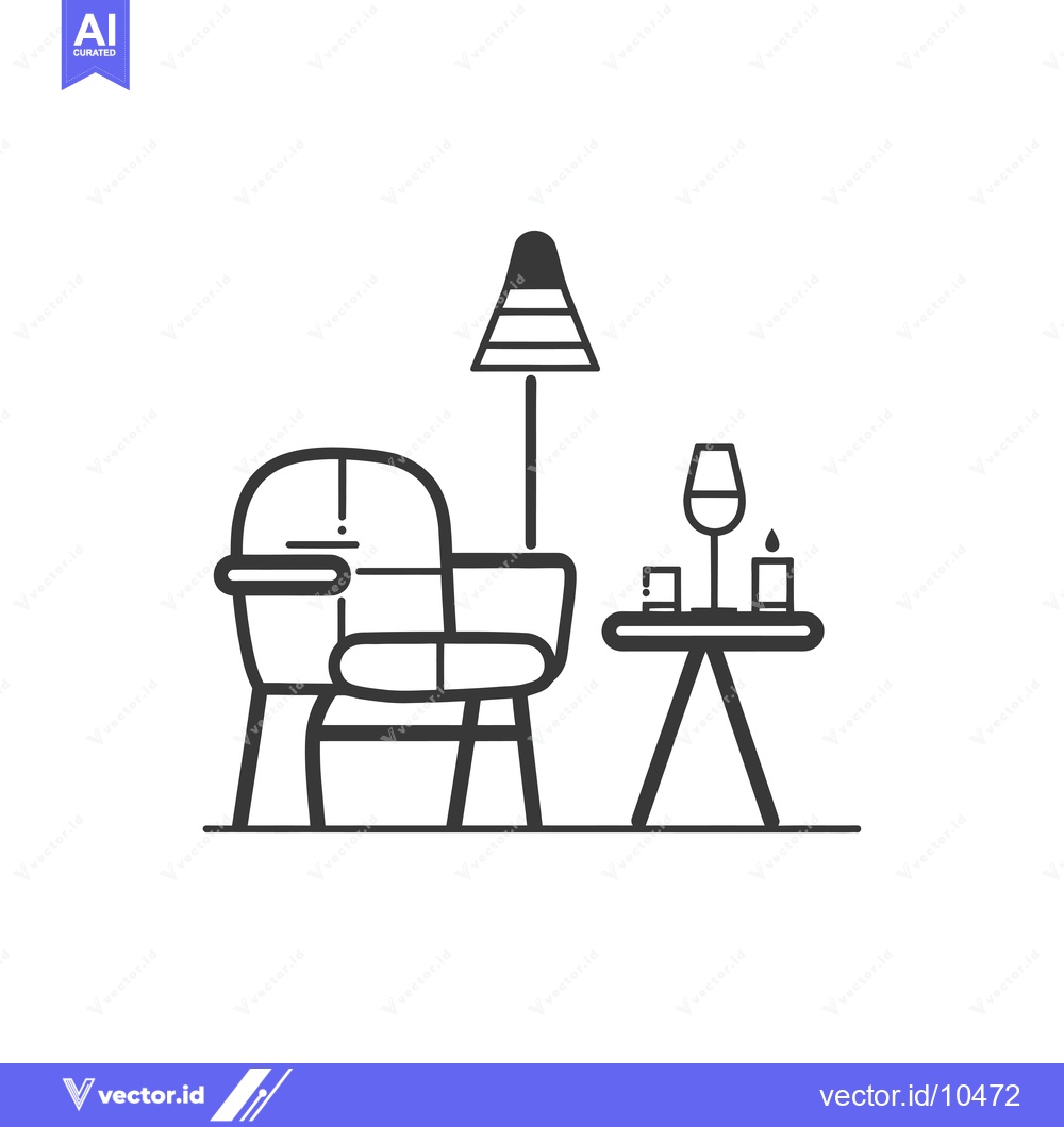 Premium Vector dari A Black and White Line Drawing of a Chair, Table, Lamp, Wine Glass, an