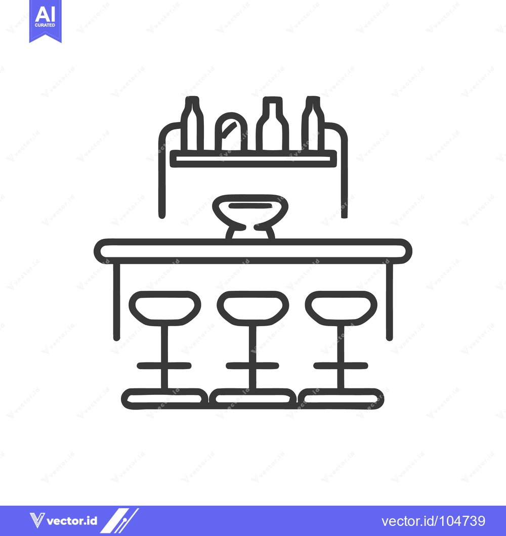 Premium Vector of Minimalist Bar Icon: Stools, Counter, Bottles, and Shelf in Line Art S