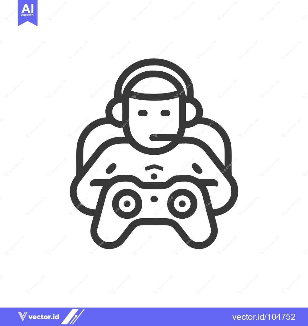 Premium Vector of Gamer Icon: Minimalist Line Art of Person with Headset Holding Control