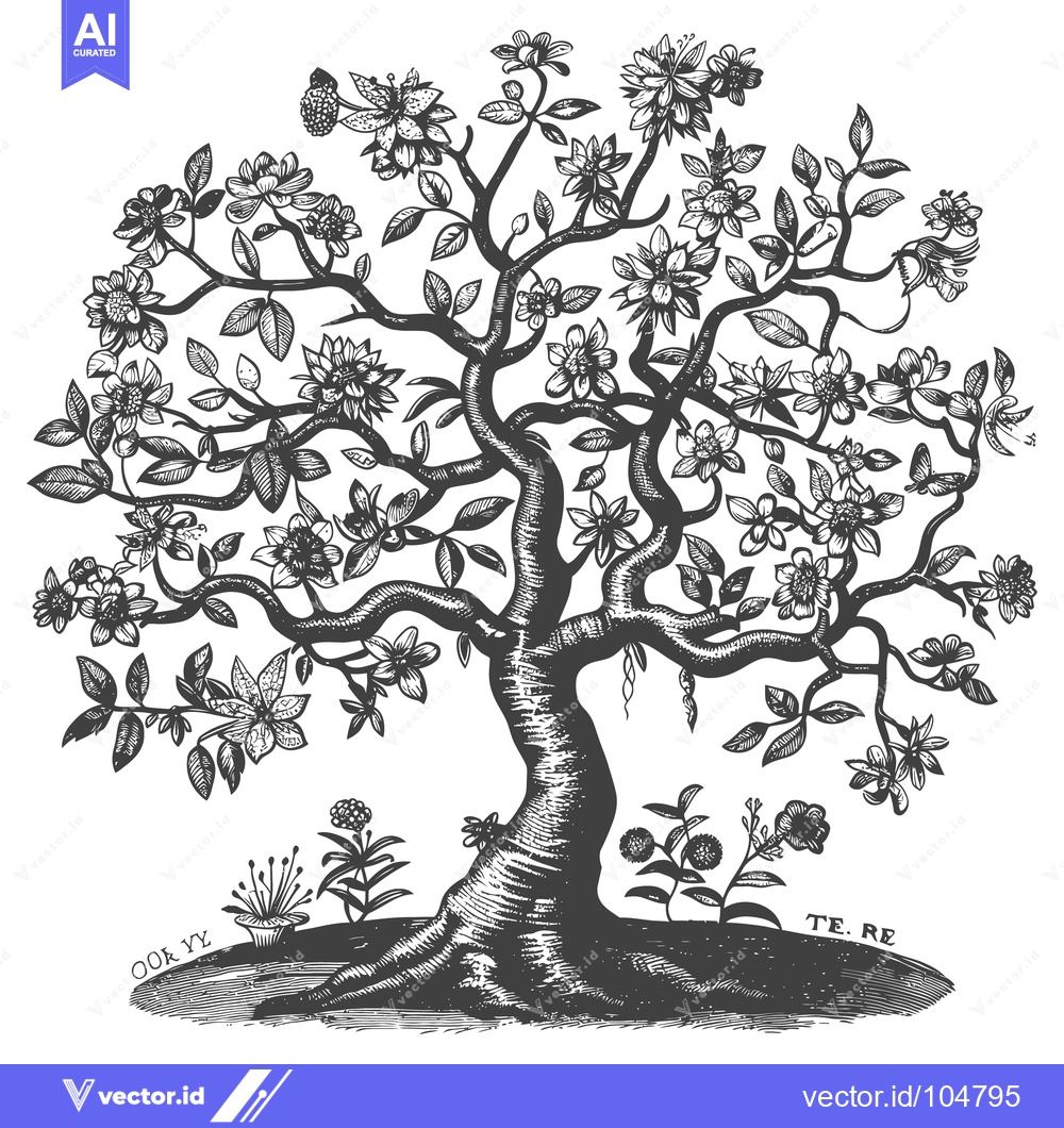 Premium Vector dari An intricately drawn blossoming tree with floral elements illustrated
