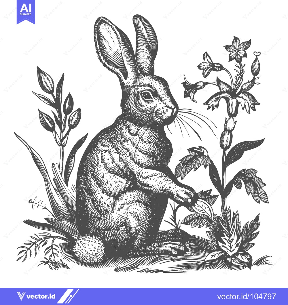 Premium Vector dari A Detailed Engraved Illustration of A Rabbit and Floral Arrangement
