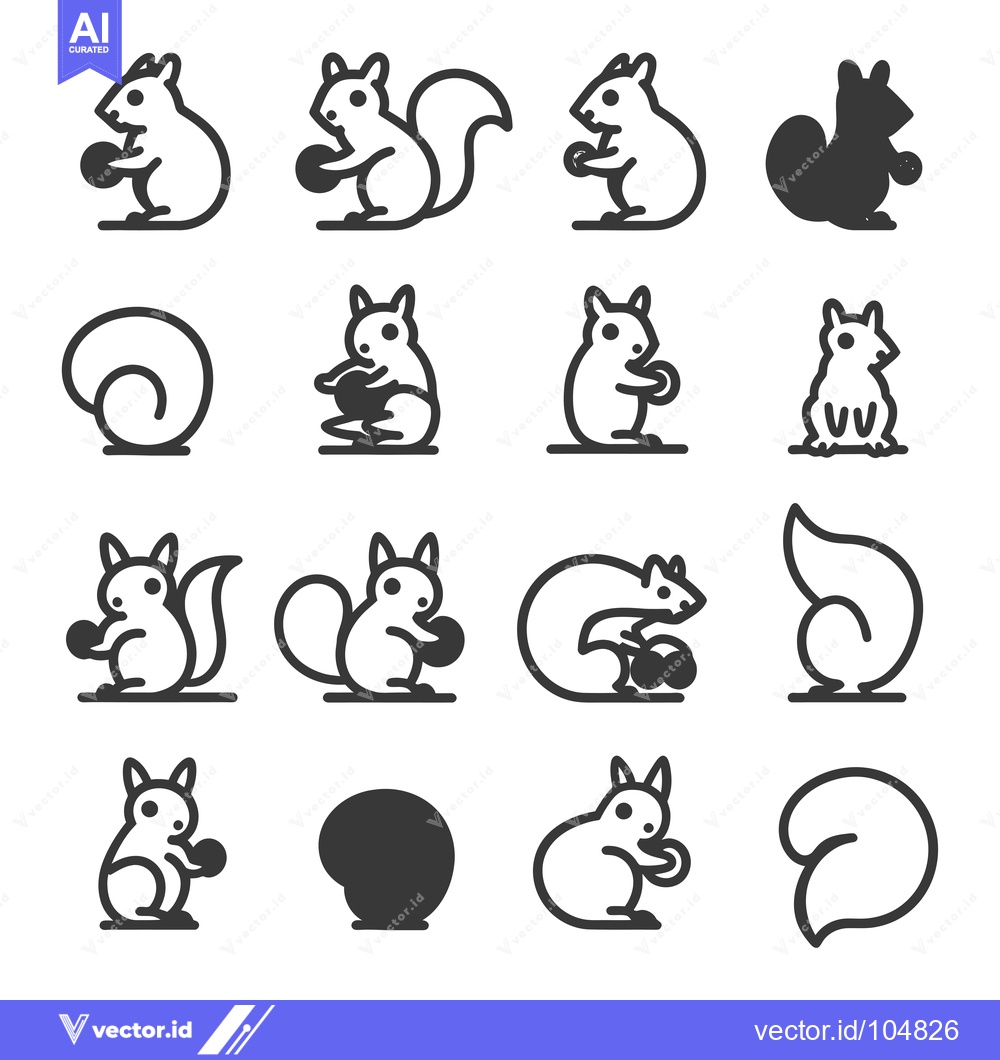 Premium Vector of Squirrel Line Art Icons with Different Poses and Nut