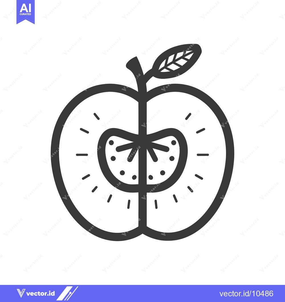 Premium Vector dari A Black and White Line Drawing of a Cut Apple with a Leaf