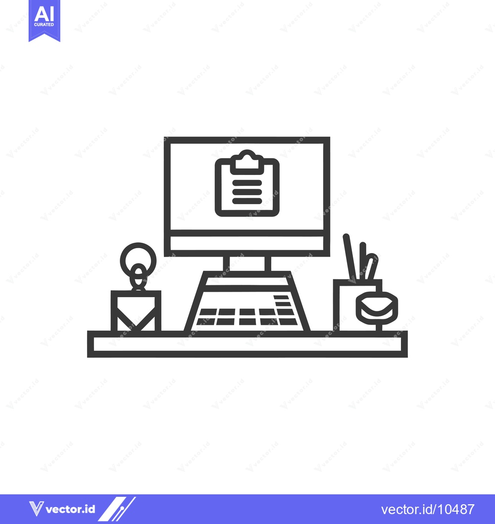 Premium Vector dari A Black and White Line Drawing of a Desk With a Computer, Clipboard, L
