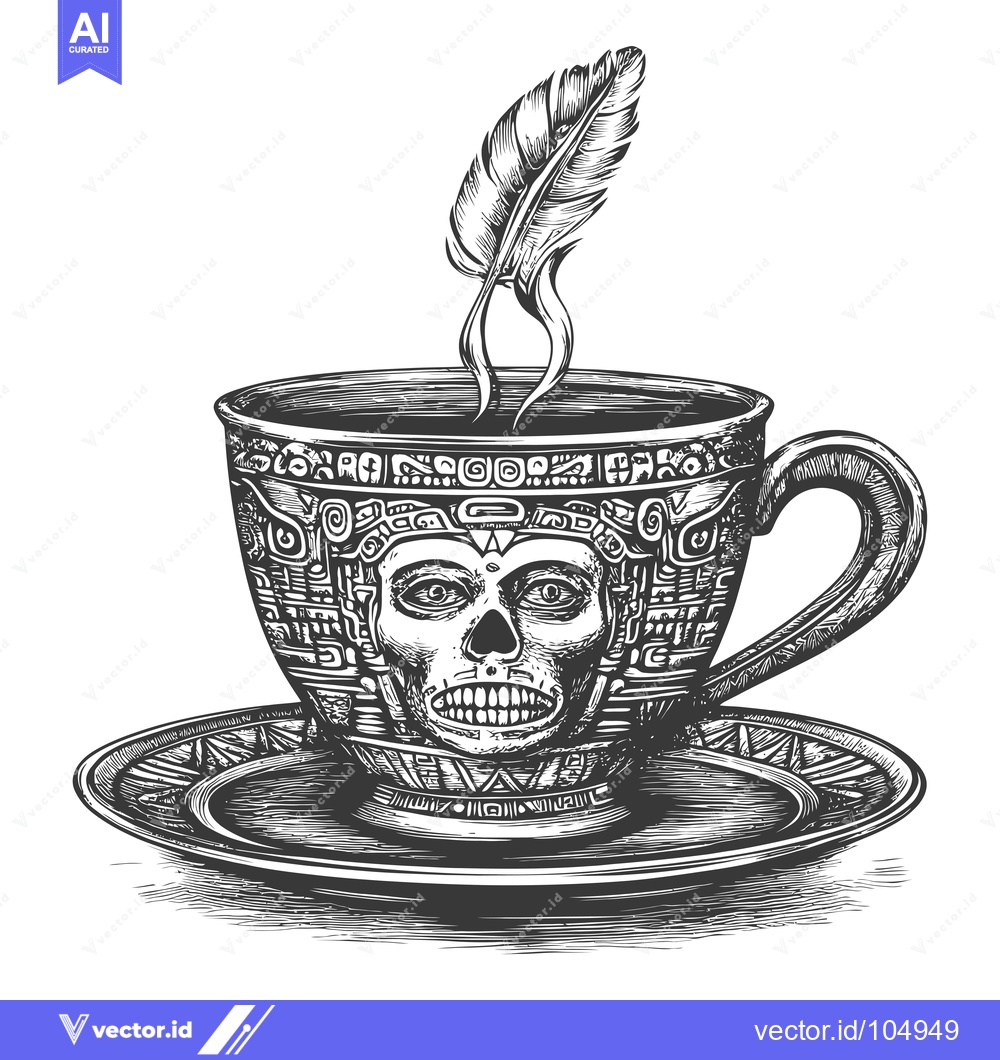 Premium Vector dari Steaming Cup with Aztec Skull Design and Feather