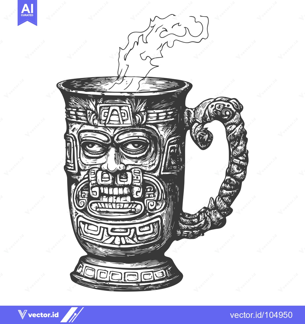 Premium Vector of Steaming Cup With Carved Face and Intricate Design