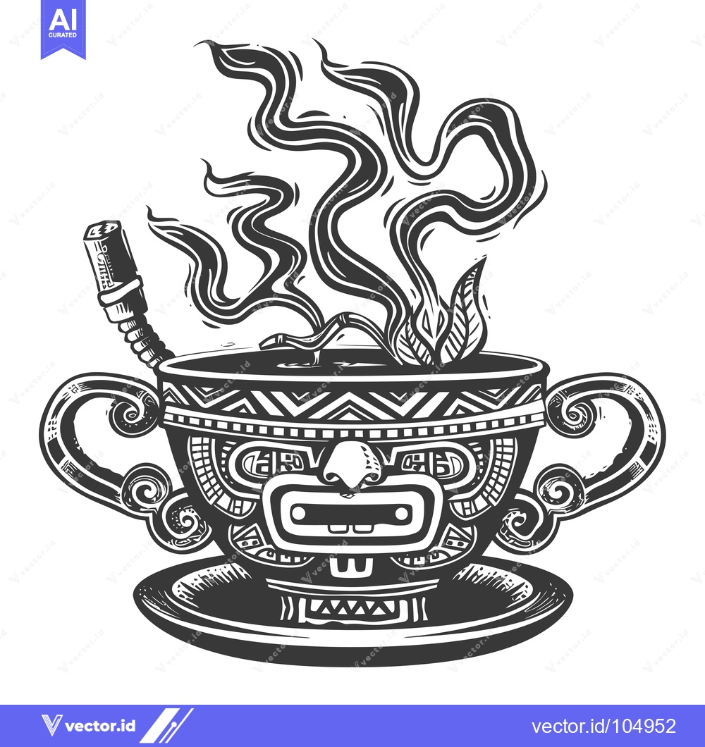 Premium Vector dari Steaming Cup with Ornate Tribal Design and Leaf
