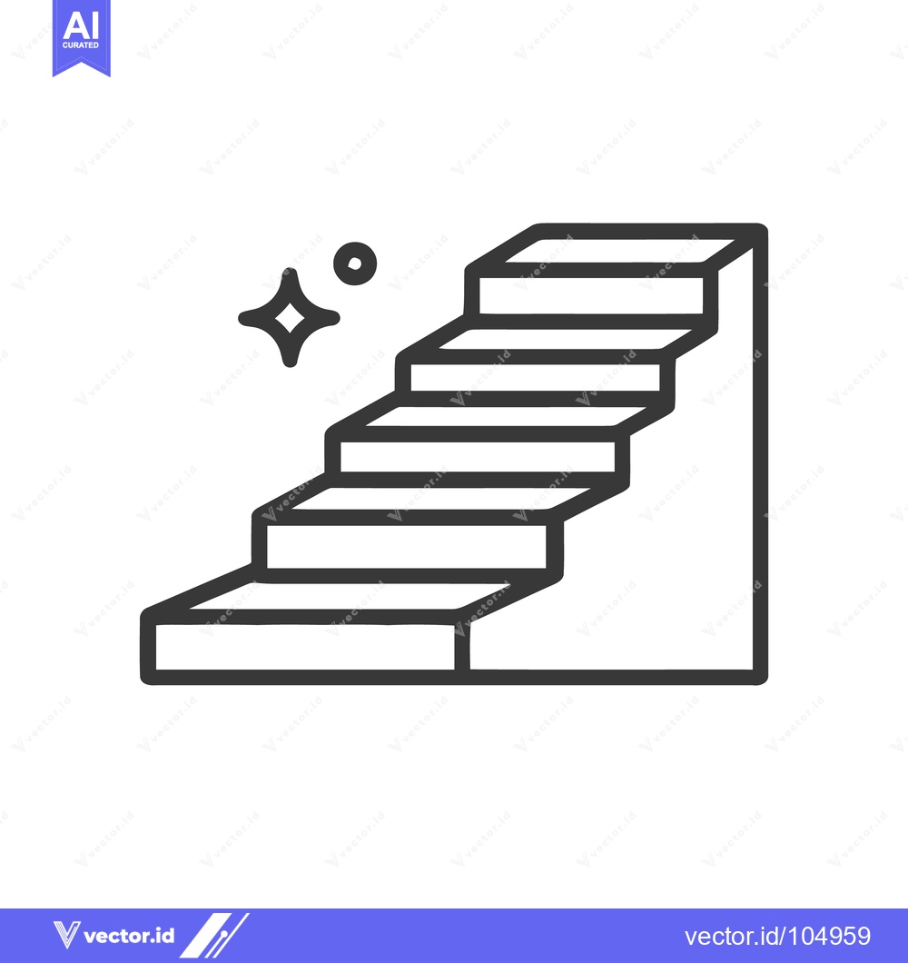 Premium Vector of Minimalist Staircase Icon with Sparkle, Black Outline on White Backgro