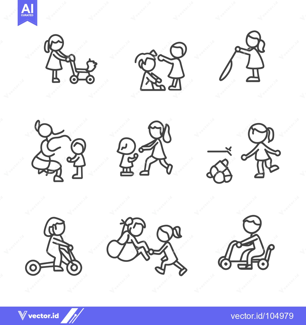 Premium Vector of Stick Figure Children Playing and Interacting with Various Objects