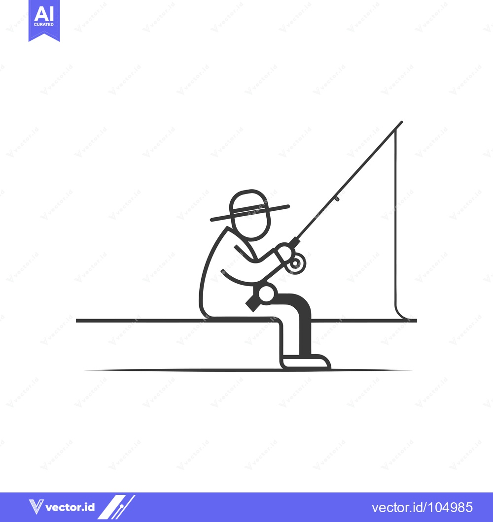 Premium Vector of Stick Figure Fisherman Sitting on a Pier with Rod and Reel