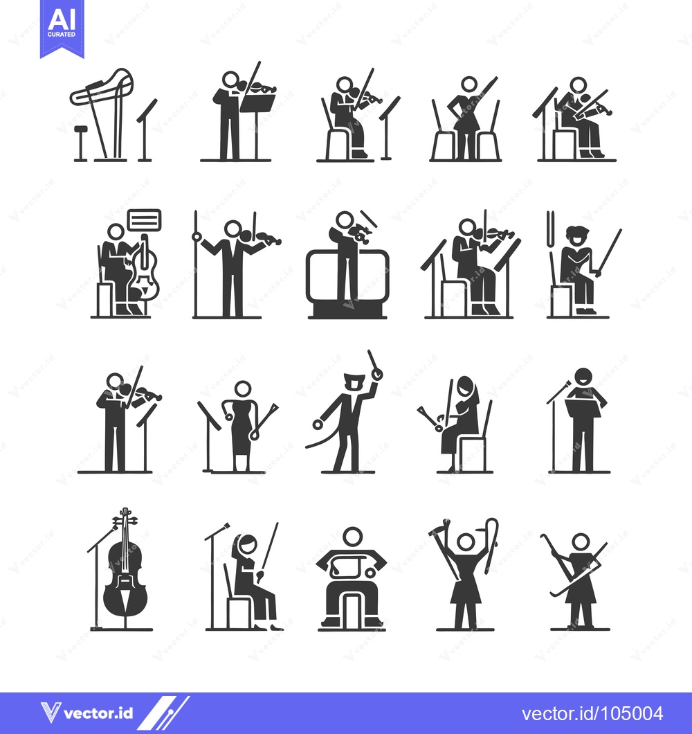 Premium Vector dari Stick Figure Musicians Playing Violin, Cello and Conducting